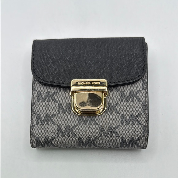Michael Kors Handbags - Michael Kors Bridgette Triflod Coin Case Wallet Black Gray Gold Logo Monogram